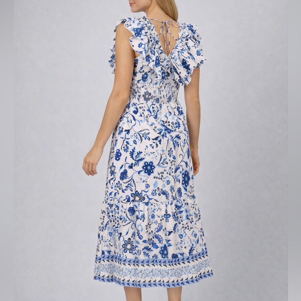 🆕🫐Adrianna Papell Blue White Floral Ruffle Midi Dress Waist Cottagecore 14 NWT - Picture 3 of 17